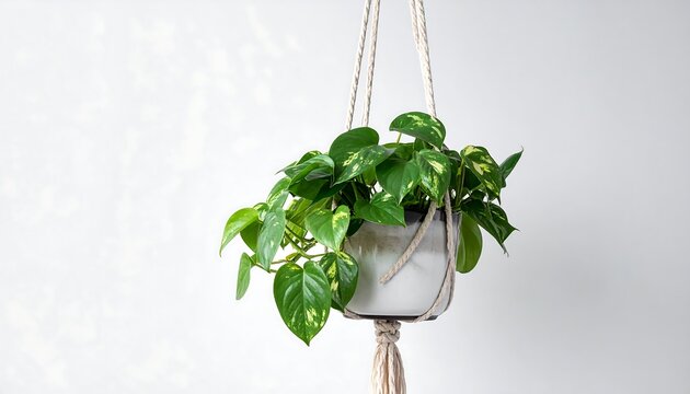 Hanging pothos plant with green and yellow leaves in a ceramic pot against a white background