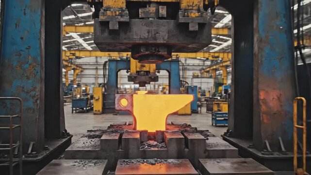 A powerful industrial hydraulic press machine is actively forging a glowing hot l billet in