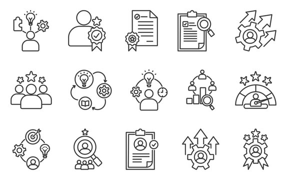 Competence icon set collection in outline style. Icon pack contain Ability, expertise,certification, assessment, development,  Experience, knowledge, skills, behavior, performance,goals, talent
