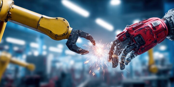 Robotic arms with sparks flying as they connect in a futuristic factory setting