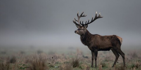 Obraz premium Red deer stag stands majestically in a field on a foggy day