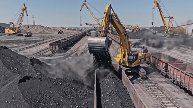 Heavy industrial machinery loads coal into long train wagons at a large mining site