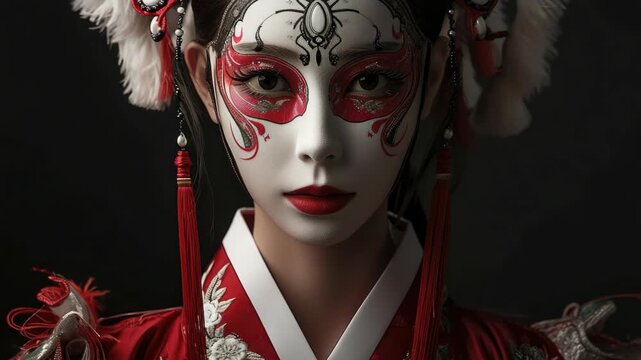 A young woman with red and white mask looking directly at the camera. She is wearing a kimono with intricate patterns.