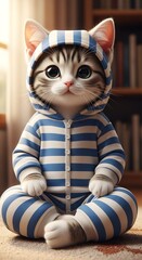 Adorable feline infant wearing striped pajamas sits patiently indoors
