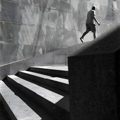 Low angle shot of a man walking up stone stairs with dramatic shadows and geometric architecture