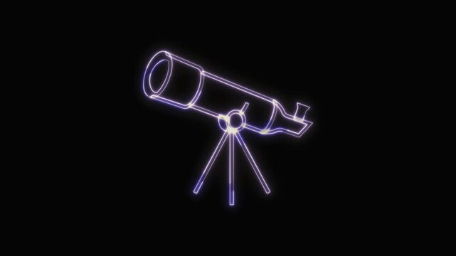  Telescope Icon Neon Seamless Loop 4K with Black Background Animated Promotional Typography for Video Editing