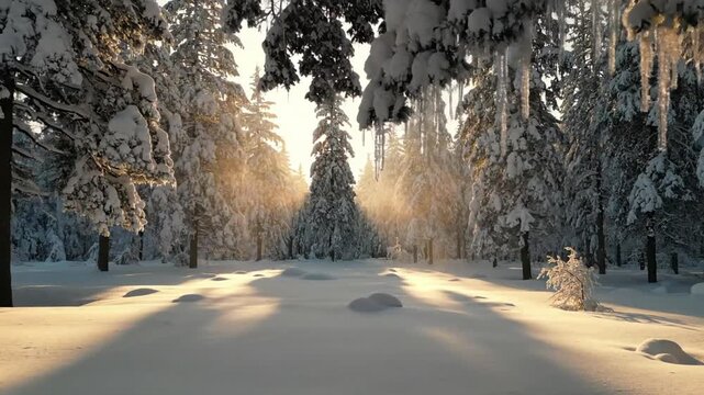 Ethereal Light and Shadow Play Upward tilt shot through snow-laden branches, focusing on the interplay of diffused sunlight and intricate snow crystals against the sky.