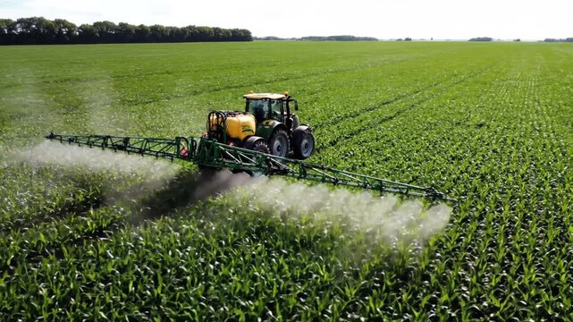 Agricultural tractor spraying pesticides on a vast green field of young crops under a clear sky