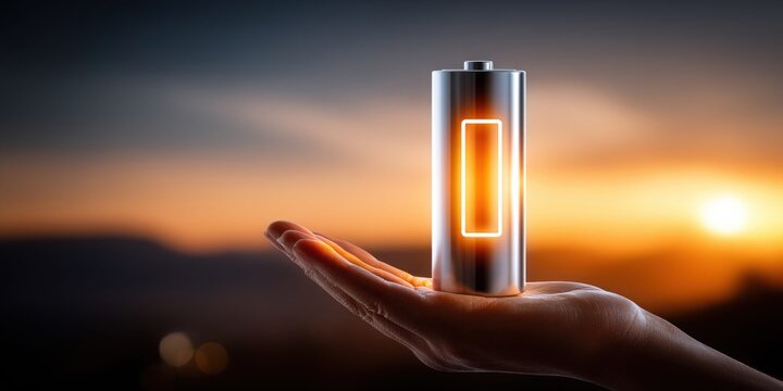 Hand holding a glowing battery with a full charge indicator against a sunset sky