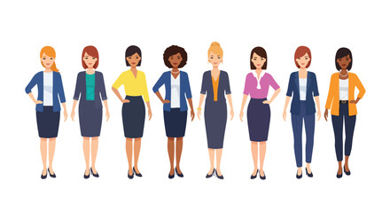 Obraz premium Diverse women, professional and business casual attire, standing side-by-side with confident expressions, vector illustration, digital art, clean lines, flat design, bright colors