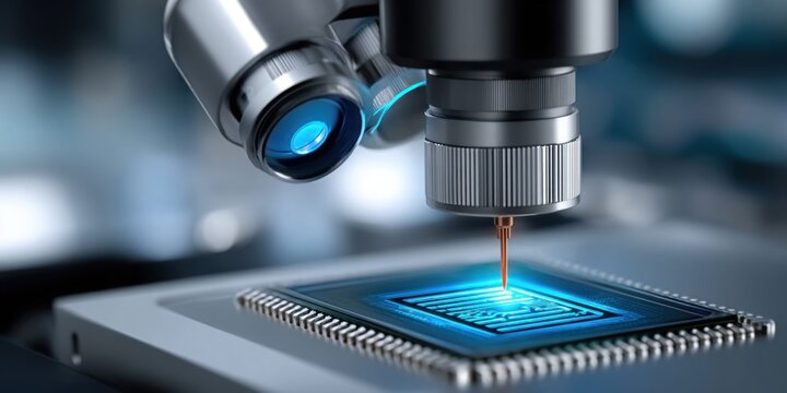 Advanced microchip manufacturing with precision robotic arm and laser technology