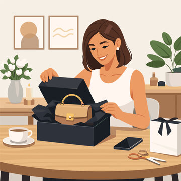 Woman unboxing luxury handbag at home