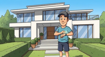 Young man checks fitness tracker while standing before modern residence with manicured yard