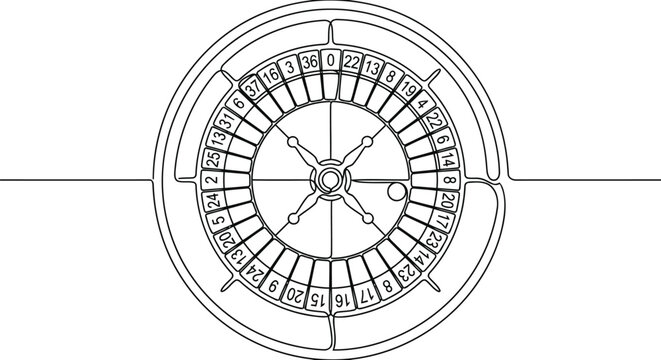 Roulette Wheel Single Line Icon, Minimalist Casino Game Top View Outline