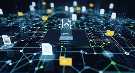 Digital data transmission occurs across a glowing, interconnected network surface