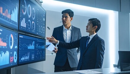 Two Businessmen Analyzing Data on Large Screens in a Modern Office.