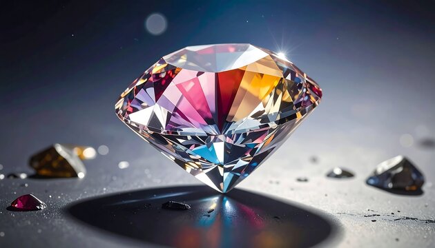 Large, faceted diamond reflects rainbow colors on a shiny, gray surface with scattered fragments and light flares