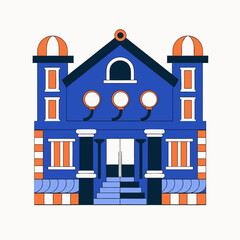 A blue house with orange and white details