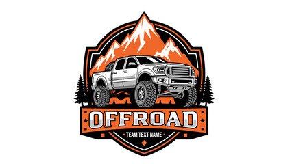 A powerful off-road pickup truck is depicted in a dynamic logo design with mountains and pine trees. © morph