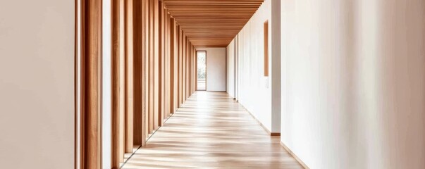 Fototapeta premium Light and Shadow Hallway Wood slats, white walls and a long corridor create a play of light and shadow. Architecture, Interior Design, Natural Light, Wood