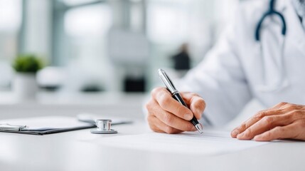 Doctor writing on paper with a pen, stethoscope on the desk, close-up view
