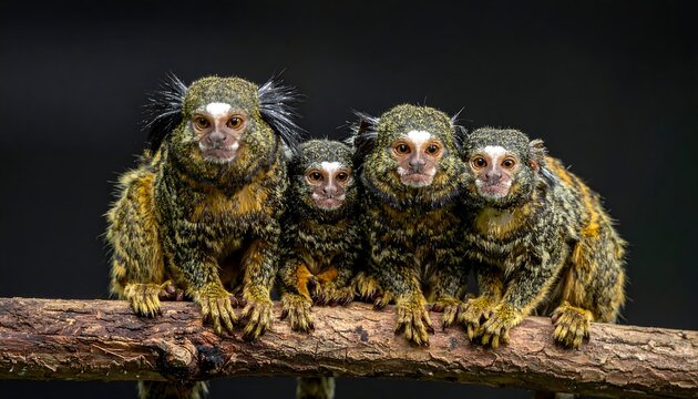 Four small monkeys huddled closely on a branch, furry and yellow-black against a dark background