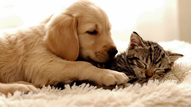 Adorable golden retriever puppy cuddling with a tabby kitten on a fluffy carpet