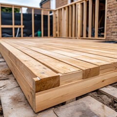 New Deck Construction Close-up of unfinished wood planks and framing, showcasing the building process of an outdoor living space. ,Decking,Construction