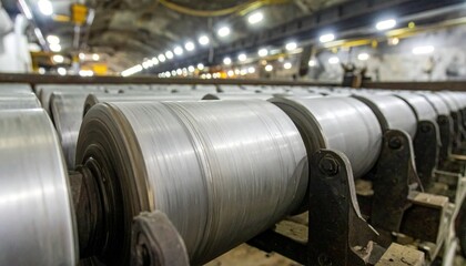 Rows of large aluminum rolls in a manufacturing facility.