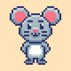 Obraz premium 8-bit style pixel art illustration of a cute standing mouse. With its large pink ears and charming expression, ideal for 2D indie games, children's illustrations, playful mascots, and stickers