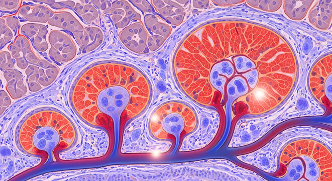 Microscopic view of glandular tissue exhibiting acinar structures and ducts in vivid red and blue hues, a detailed scientific image