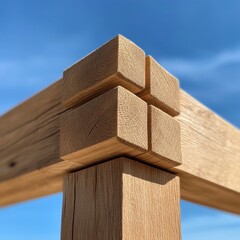 Solid Oak Timber Frame Joint Detail - Natural Wood Texture and Blue Sky, Construction, Woodworking