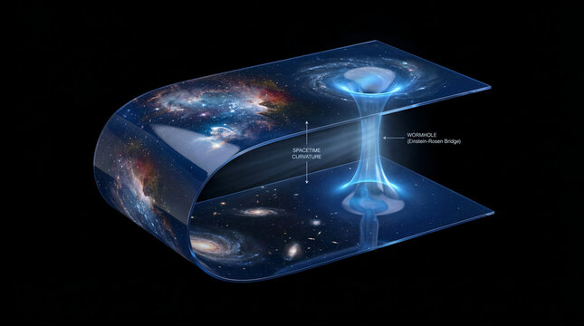 3D conceptual schematic of the curvature of spacetime and a wormhole