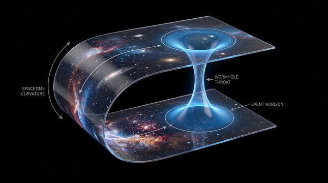 3D conceptual schematic of the curvature of spacetime and a wormhole