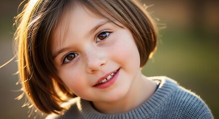 Young child with bright eyes smiles warmly in sunlight outdoors