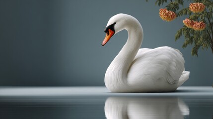 Fototapeta premium White swan gracefully gliding on calm water surface with reflection, surrounded by soft blue background and blooming orange chrysanthemums in the foreground