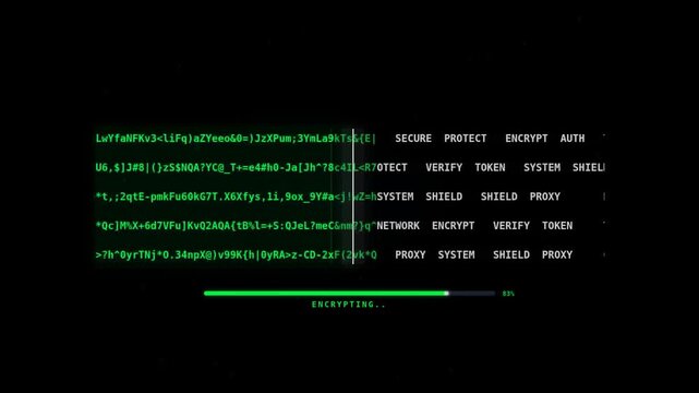 A digital screen displaying green text and symbols, illustrating data encryption progress and coding