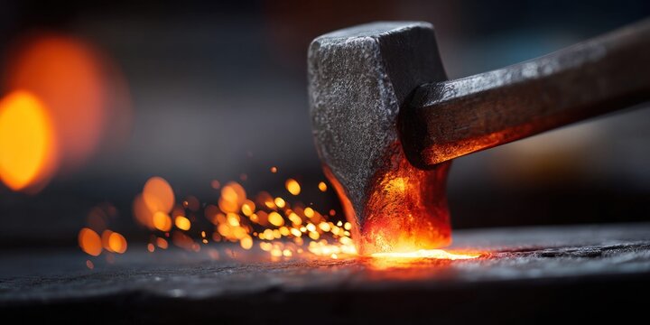 Close-up of a blacksmith's hammer striking hot metal, creating sparks and glowing orange