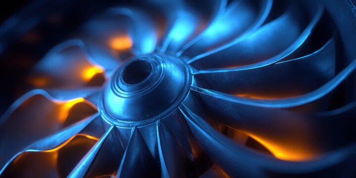 Close-up of a futuristic turbine engine fan with blue and orange lighting