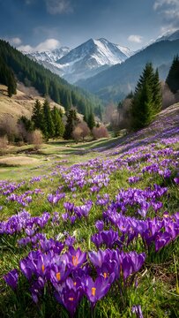 Purple crocus flowers bloom in a vibrant meadow beneath snow-capped mountains and a beautiful sky du sptime in the tranquil Retezat National Park.