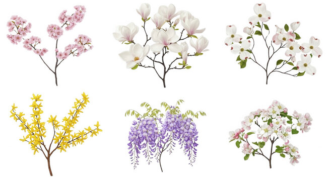 Mixed spring branches png cherry magnolia forsythia wisteria apple png transparent background