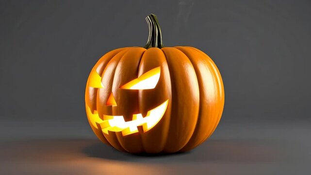 A ripe orange pumpkin sits centered against a dark gray background with a wisp of white smoke rising from its stem