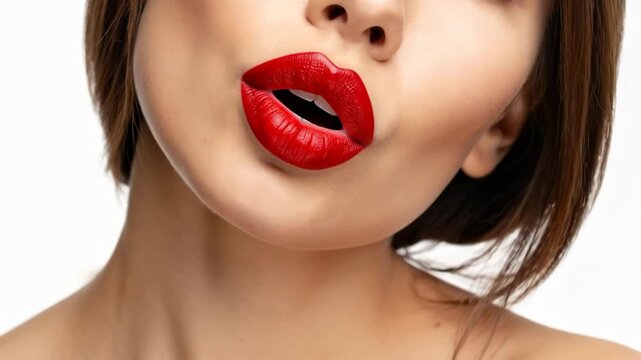Close-up of a woman's face with bright red lipstick and a pout gesture against a white background