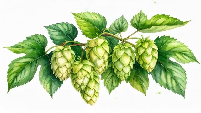 Watercolor illustration of a hop plant branch with green cones and leaves on a white background