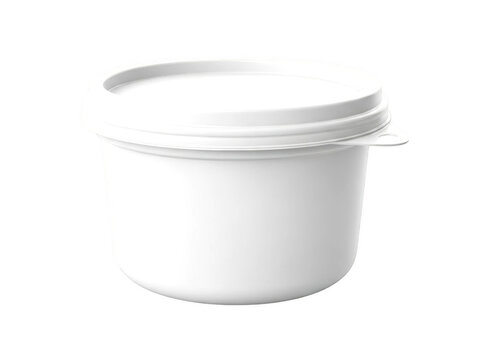 A white plastic container with a lid, commonly used for food storage.