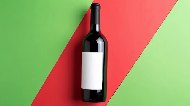 Elegant black bottle of wine on a striking red and green background