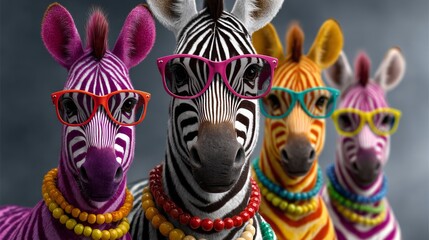 Fototapeta premium Four colorful zebras wearing sunglasses and necklaces, showcasing vibrant patterns and playful expressions against a blurred gray background