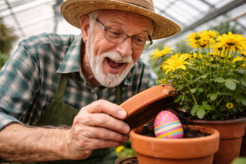 Fototapeta premium Senior caucasian man discovering an easter egg in a flower pot with yellow daisies in a greenhouse. concept of garden surprise, joyful discovery, spring celebration