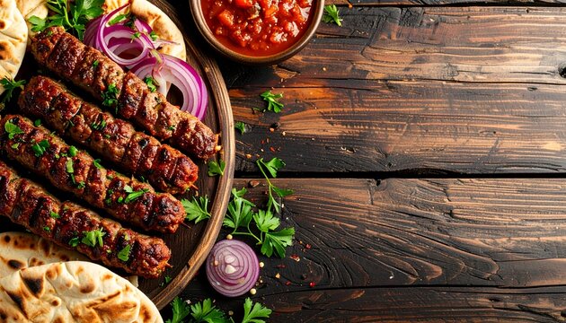 Ćevapi mit Ajvar auf rustikalem Holzhintergrund mit Copyspace
