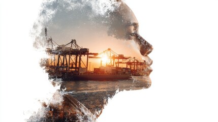 Fototapeta premium Double exposure photography of engineer man and the business Logistics and transportation of Container Cargo ship and Cargo plane with working crane bridge